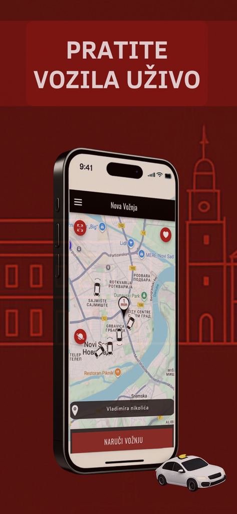 City Taxi NS - City Taxi NSアプリの地図上でリアルタイムのタクシーの場所を示すスマートフォン画面