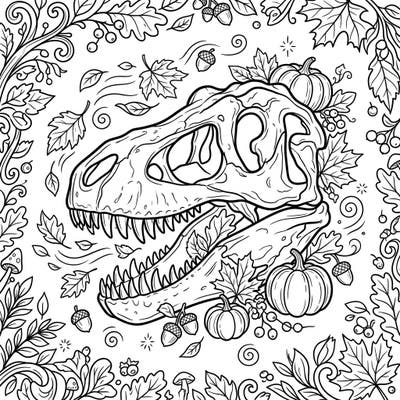 Unleash your inner paleontologist and artist with this unique T-Rex skull coloring page, beautifully entwined with the rich imagery of autumn. Explore the intricate details of the prehistoric predator's fossilized remains amidst a vibrant tapestry of falling leaves, plump pumpkins, and scattered acorns, ready for your creative touch.