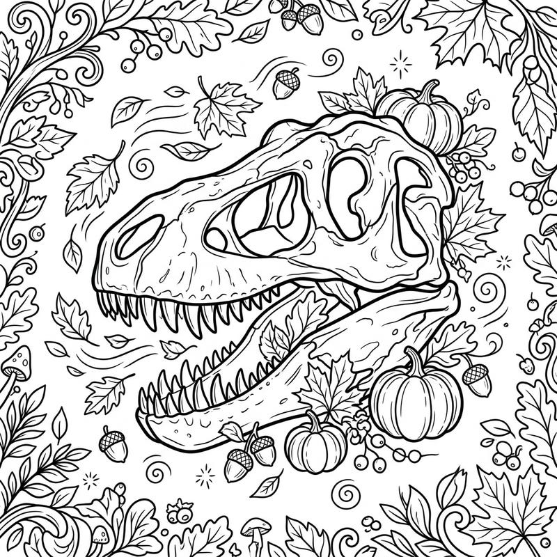 Unleash your inner paleontologist and artist with this unique T-Rex skull coloring page, beautifully entwined with the rich imagery of autumn. Explore the intricate details of the prehistoric predator's fossilized remains amidst a vibrant tapestry of falling leaves, plump pumpkins, and scattered acorns, ready for your creative touch.