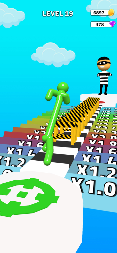 Big Man: Run & Rise - Personaje verde alto saltando obstáculos en el juego Big Man Run and Rise.