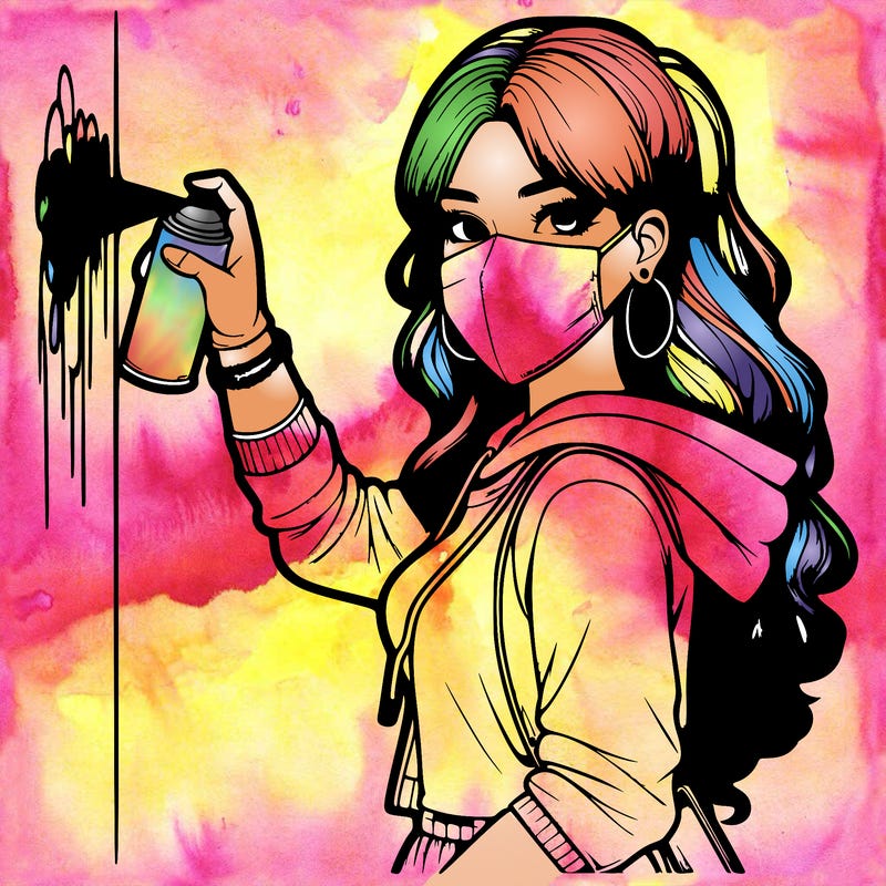 realistic girl with mask spray painting a wall