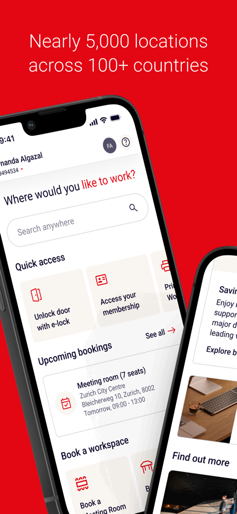 Regus mobile app dashboard with search bar and upcoming meeting room booking
