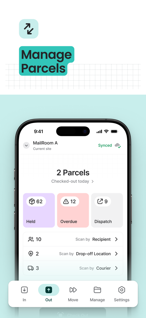 メールルーム管理用のモバイルダッシュボード。保留中および延滞中の小包の統計とスキャンオプションが表示されます。