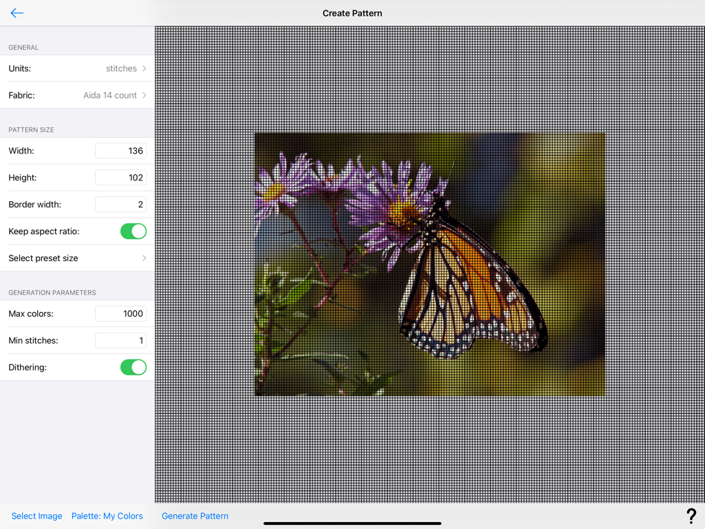 Interface of the Cross Stitch Creator app showing a butterfly photo being converted into a grid pattern with customization settings