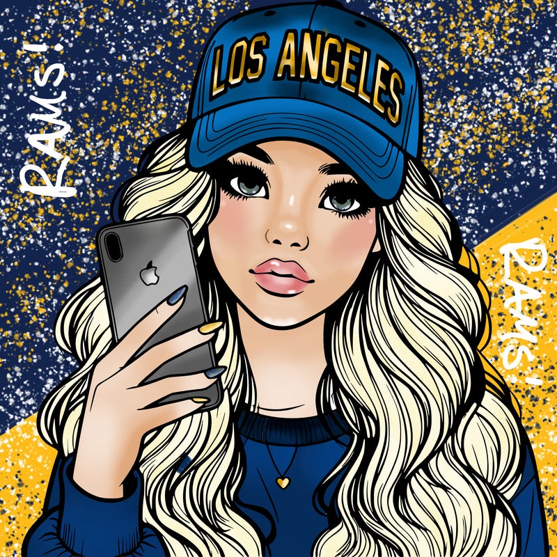 realistic beautiful girl wearing los ángeles cap holding an iphone