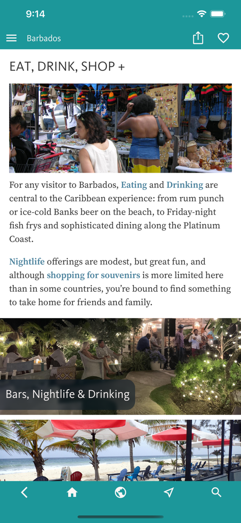 먹고 마시고 쇼핑하는 섹션을 보여주는 바베이도스 여행 가이드 앱