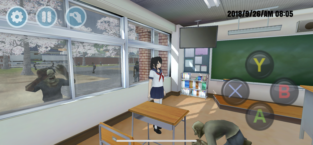 An anime school girl in a classroom with zombies outside the windows and on the floor