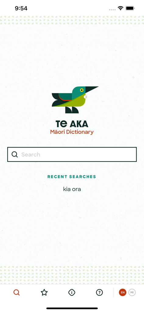 Pantalla de inicio de la aplicación Te Aka Maori Dictionary con el logo de un pájaro y la barra de búsqueda