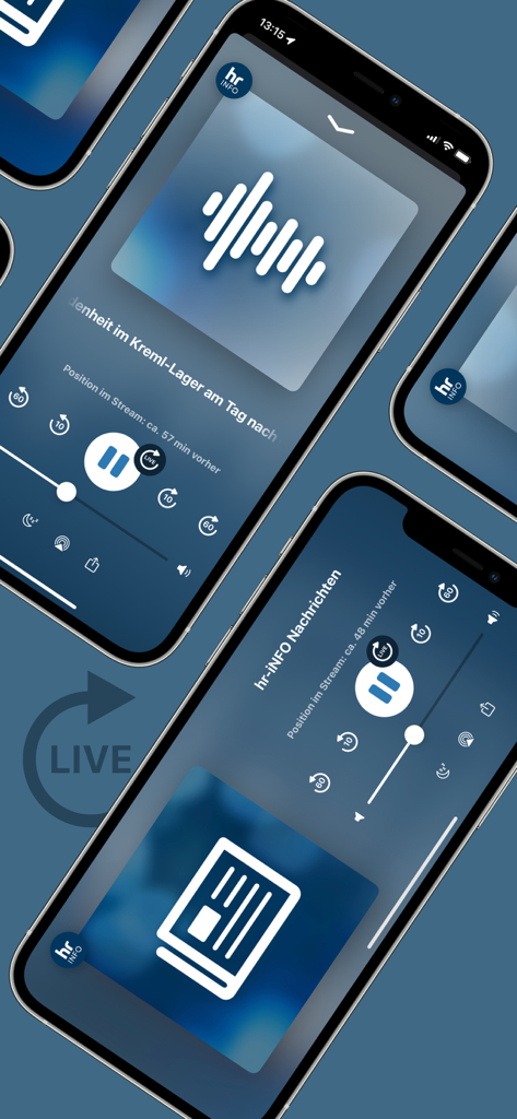 hr-iNFO App - A display of the hr-info mobile app interface on smartphones featuring live radio playback and news updates
