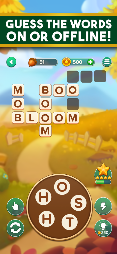 Gameplay screen of Word Nut crossword puzzle showing a circular letter wheel and a word grid over an autumnal path background