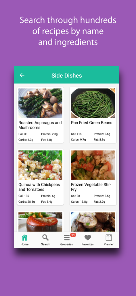 Diet Meal Planner - Diet Meal Planner app showing a list of healthy side dish recipes with calorie and macro details.