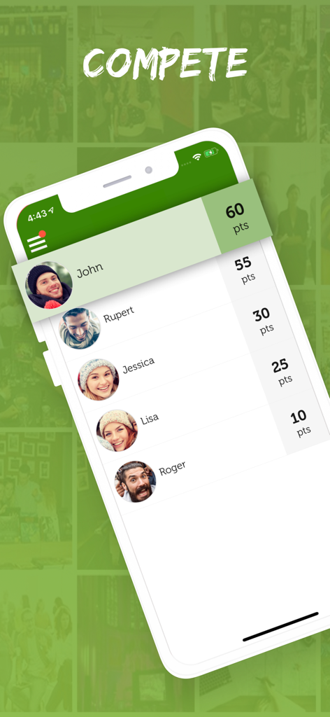 Leaderboard screen of the Mobile Adventures app showing user rankings and points under the heading Compete