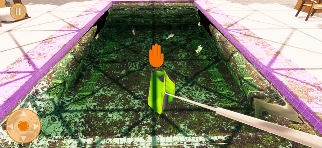 Vista en primera persona de un jugador usando una red para limpiar una piscina verde y sucia