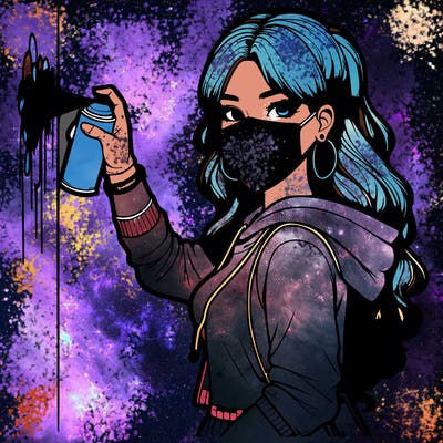 realistic girl with mask spray painting a wall