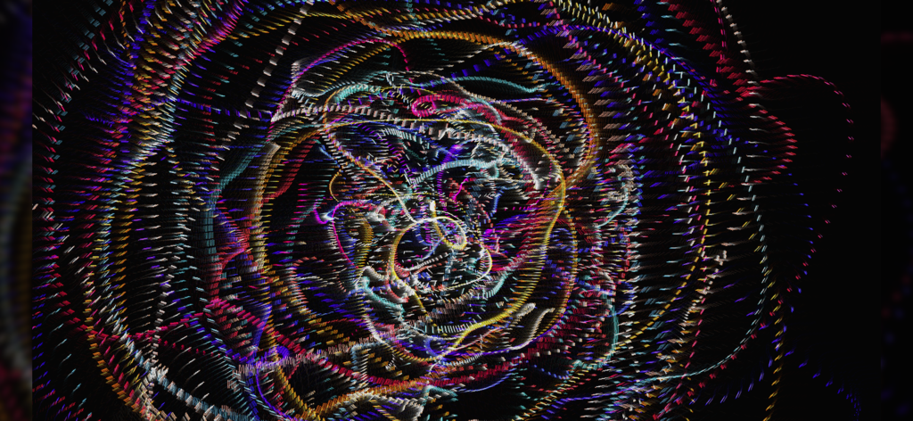 Interactive 3D neon particle swirl on a black background