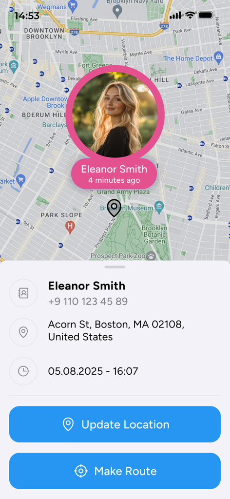 Phone Tracker for Number - Interface of the Phone Tracker for Number app showing a contact's real-time GPS location on a map with address details and navigation buttons.
