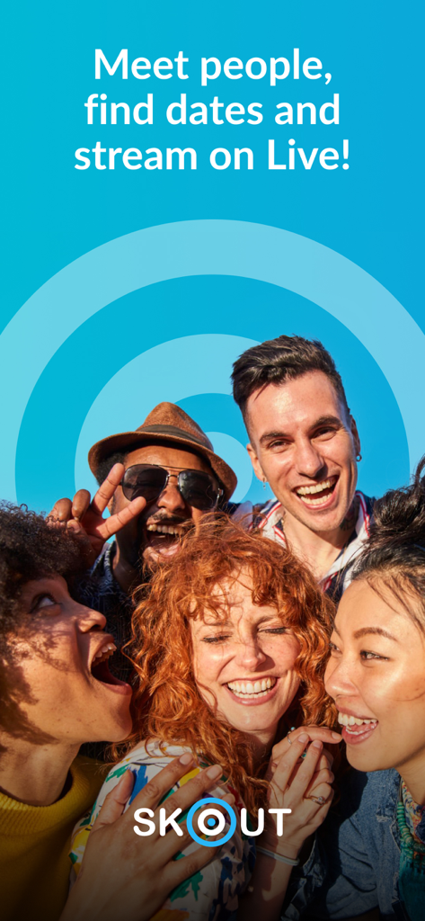 Skout Dating App & Live Chat - Diverse group of happy friends laughing together with the Skout app logo and promotional text