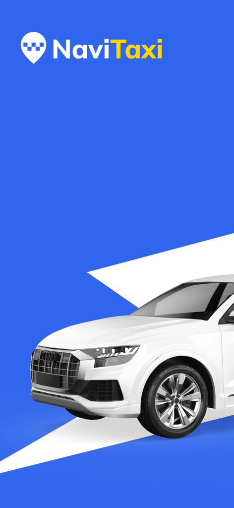 Marca de la aplicación Navi Taxi con logo y coche blanco