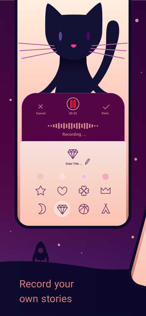 Sleepy - Fall asleep for kids. - Interfaz de la aplicación Sleepy que muestra una pantalla de grabación de voz para crear cuentos personalizados para dormir con una ilustración de gato negro y el texto Graba tus propias historias.