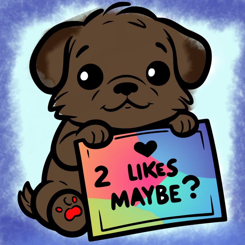 a puppy holding a sign that says 2 likes maybe?