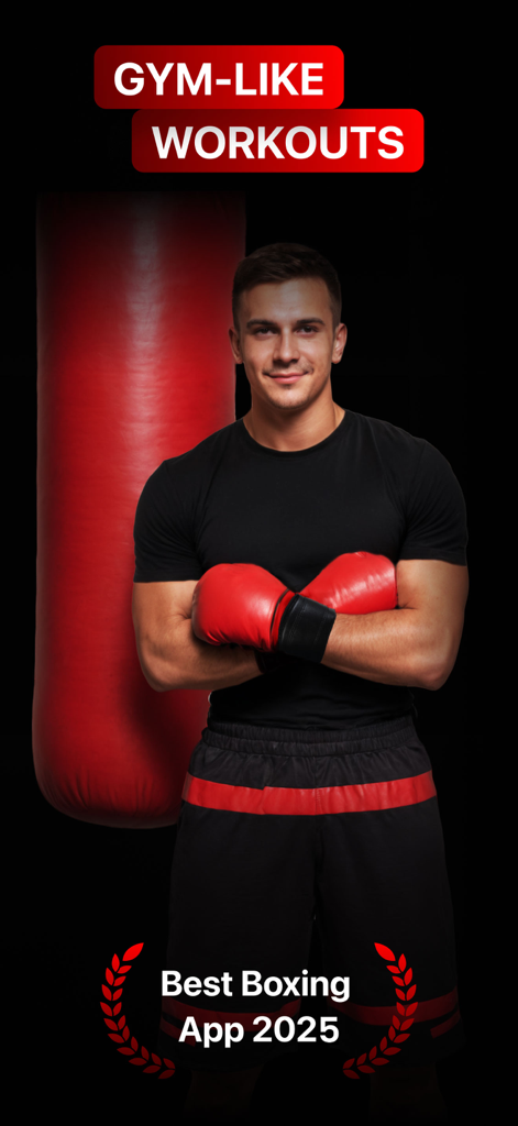Boxing Training: Bag Workouts - A man in red boxing gloves posing next to a heavy bag with text for gym-like workouts