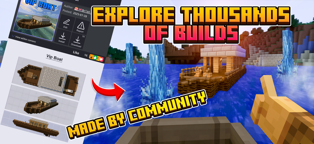 Crafty Craft for Minecraft PE - A community made boat build in Minecraft PE featured in the Crafty Craft app with text exploring thousands of builds