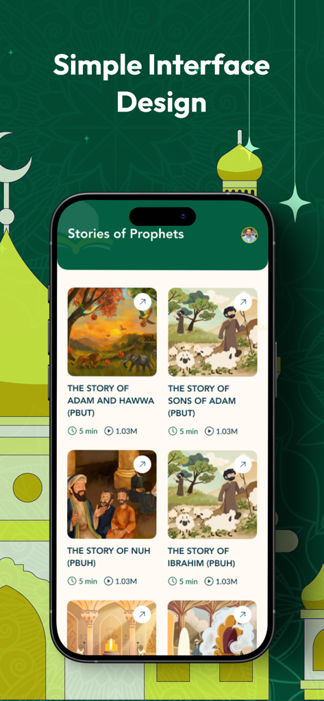 Prophet's Stories (PBUT) - Captura de pantalla de la interfaz de la aplicación Historias de Profetas que muestra una lista de historias islámicas ilustradas