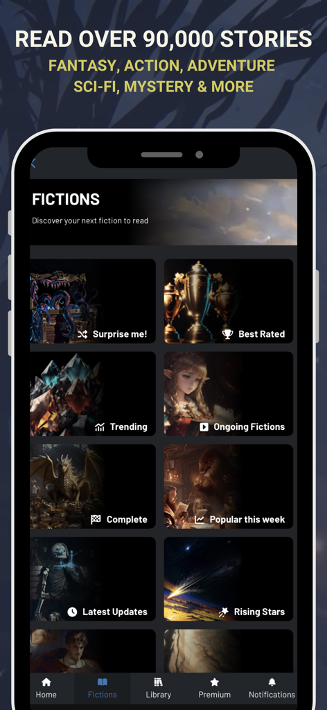 Royal Road - Read Stories - Royal Roadアプリのフィクション発見画面。様々なストーリーカテゴリーとジャンルが表示されています。