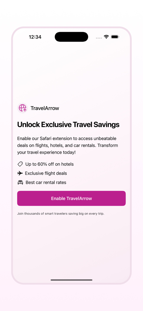 Interfaz de la aplicación TravelArrow mostrando una invitación para habilitar la extensión de Safari para ahorros exclusivos en vuelos, hoteles y alquiler de coches