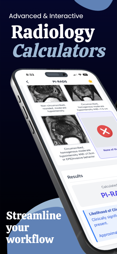 A smartphone screen displaying an interactive PI-RADS radiology calculator for medical professionals