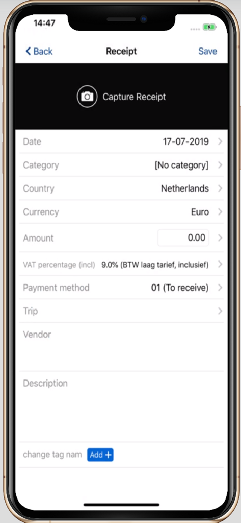 SRXP - Mobile interface of the SRXP app for capturing and entering business expense receipt details