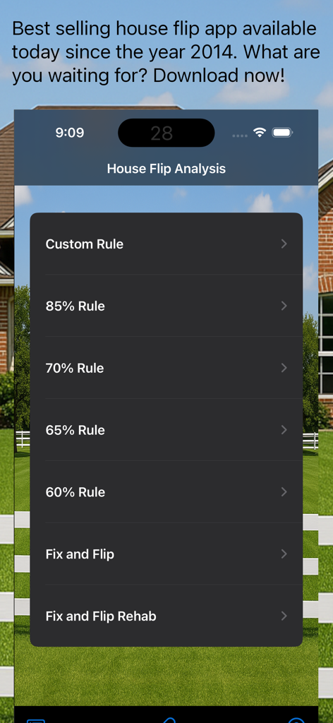 House Flip Analysis - Main menu of the House Flip Analysis app showing investment rules like the 70 percent rule and fix and flip calculators