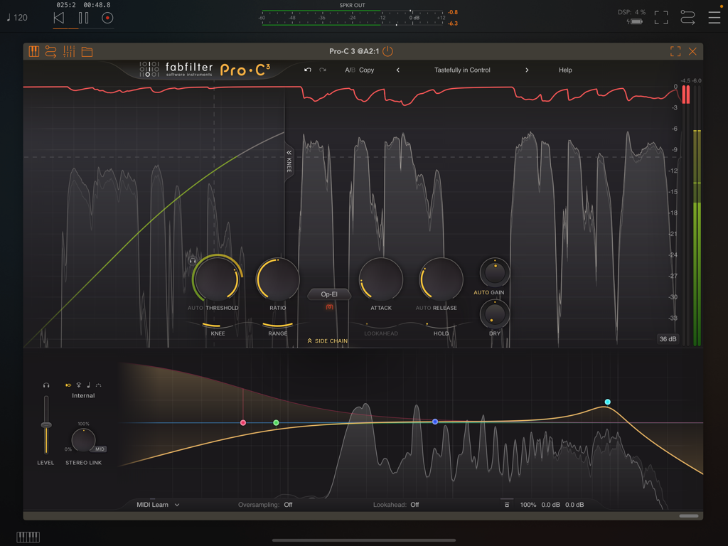 Interface of FabFilter Pro-C 3 compressor plug-in featuring real-time audio waveforms side-chain EQ and professional mixing controls