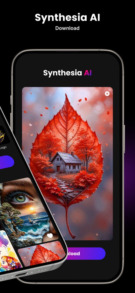 Interface of Synthesia AI app showcasing an AI generated artwork of a house inside a vibrant red leaf