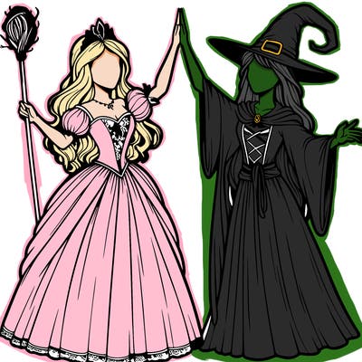 detailed realistic split of a princess and a witch