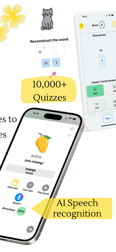 Enjoy Thai Learning - Captures d'écran de l'application Enjoy Thai Learning montrant des quiz de vocabulaire et des fonctions de reconnaissance vocale par IA
