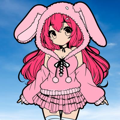 pretty anime girl wearing a fluffy hoodie with bunny ears on the hood and a skirt