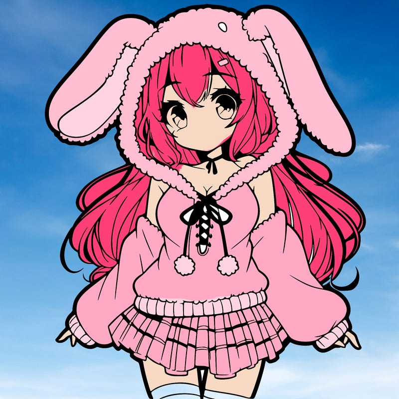 pretty anime girl wearing a fluffy hoodie with bunny ears on the hood and a skirt