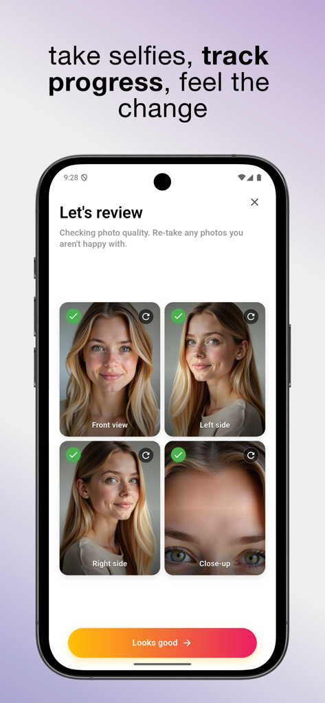 Glam AI – Start Your Glowup - Glam AI app interface showing a grid of four selfies from different angles for skin analysis and progress tracking