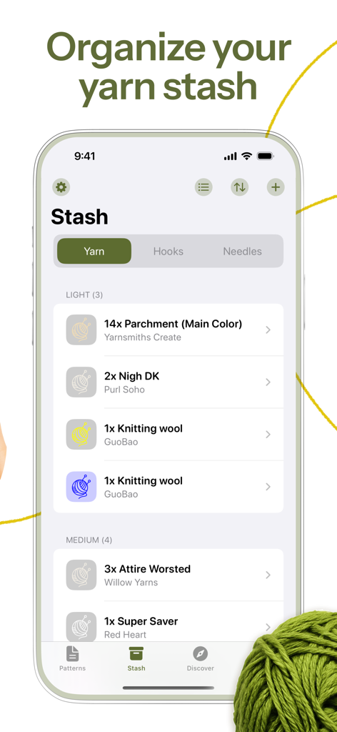 Loopsy - Crochet & Knitting - Ein iPhone-Bildschirm, der die Garnvorratsverwaltungsfunktion der Loopsy App mit verschiedenen Wollgarnen, sortiert nach Gewicht, zeigt.