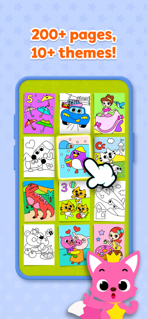 Pinkfong Coloring Fun - Una pantalla de teléfono que muestra una variedad de páginas de libros para colorear y temas en la aplicación Pinkfong Coloring Fun
