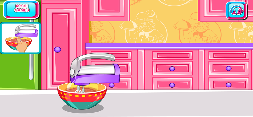 Electric hand mixer over a bowl of chocolate mixture in a pink cartoon kitchen