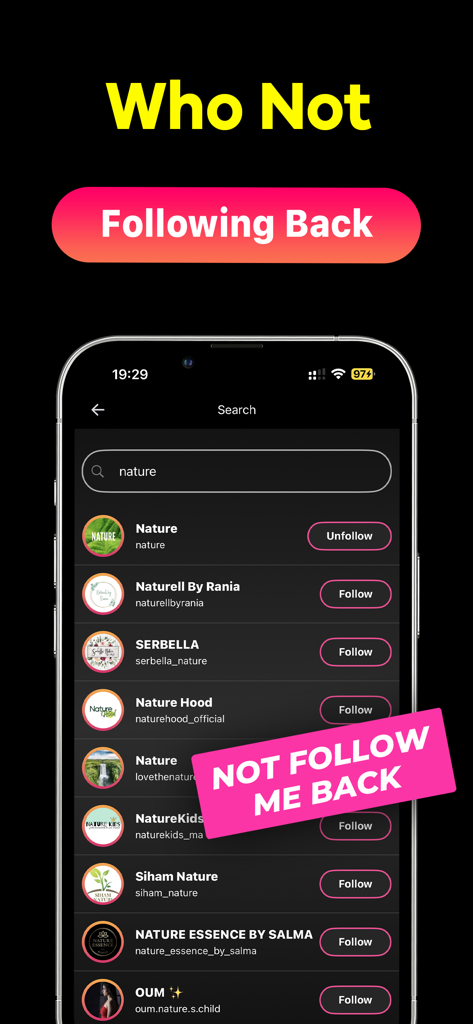 Interface de l'application montrant une liste de comptes Instagram qui ne renvoient pas le suivi avec des boutons de désabonnement.