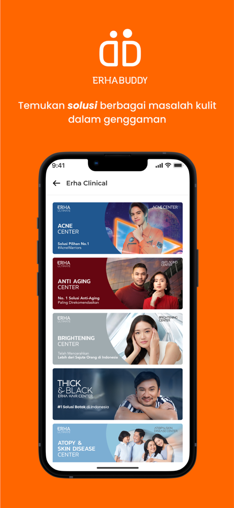 ERHA BUDDYアプリのインターフェース。ニキビ、アンチエイジング、ヘアケアのクリニカルカテゴリが表示されています。
