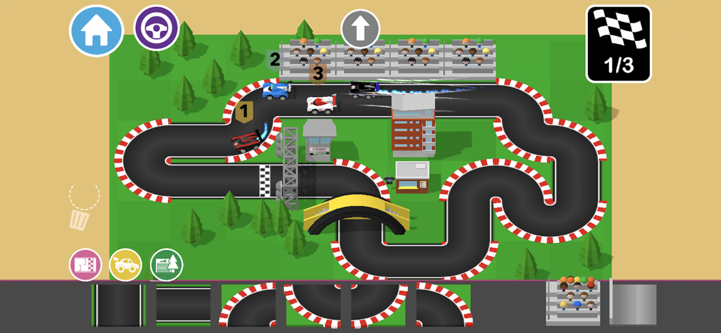 Top-down view of a custom car track with racing toy cars and building tools