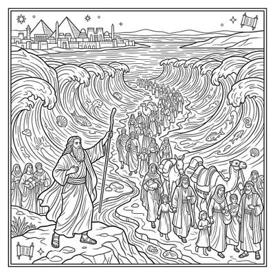 Embark on an epic journey with this captivating coloring page depicting Moses parting the Red Sea. Immerse yourself in a pivotal biblical narrative, perfect for creative minds of all ages.