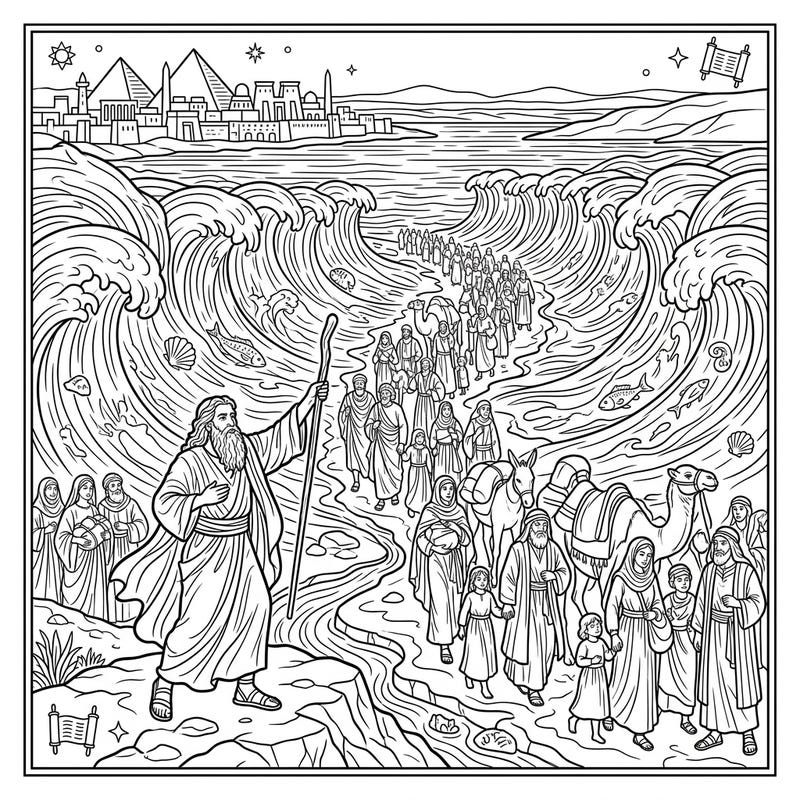 Embark on an epic journey with this captivating coloring page depicting Moses parting the Red Sea. Immerse yourself in a pivotal biblical narrative, perfect for creative minds of all ages.