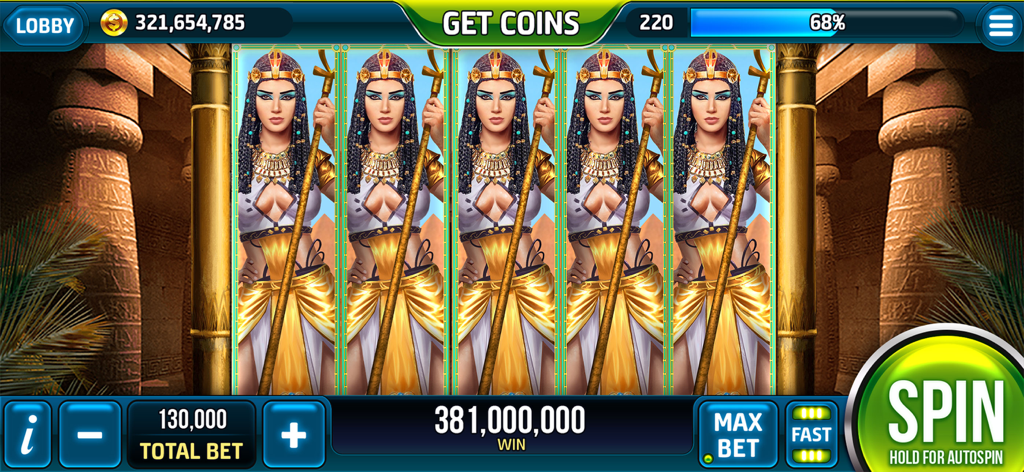 Gameplay-Screenshot von Slots Pharaohs Vegas Casino, der fünf übereinstimmende Symbole und einen großen Gewinn an einem Spielautomaten im altägyptischen Stil zeigt