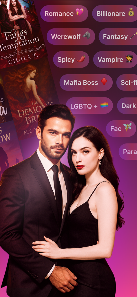 NovelDrama: Read Fantasy Novel - NovelDrama app interface showing romance and fantasy genre tags with a romantic couple portrait
