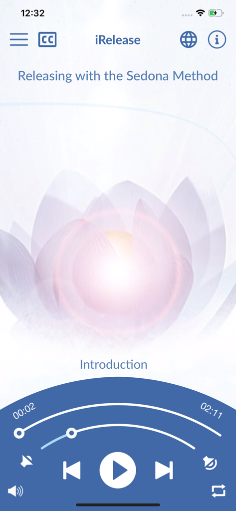 iRelease Relieve Stress Now - Audio player interface of the iRelease app featuring a glowing lotus flower and Sedona Method stress relief track